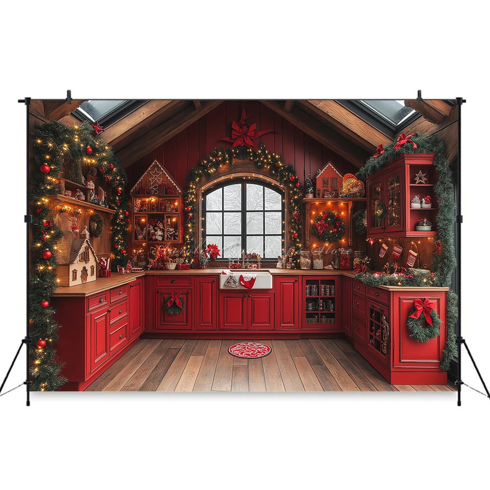 Christmas Red Kitchen With Gingerbread House Backdrop Green Cabinet Kids Baby Cake Smash Photography Props Studio Backgrounds