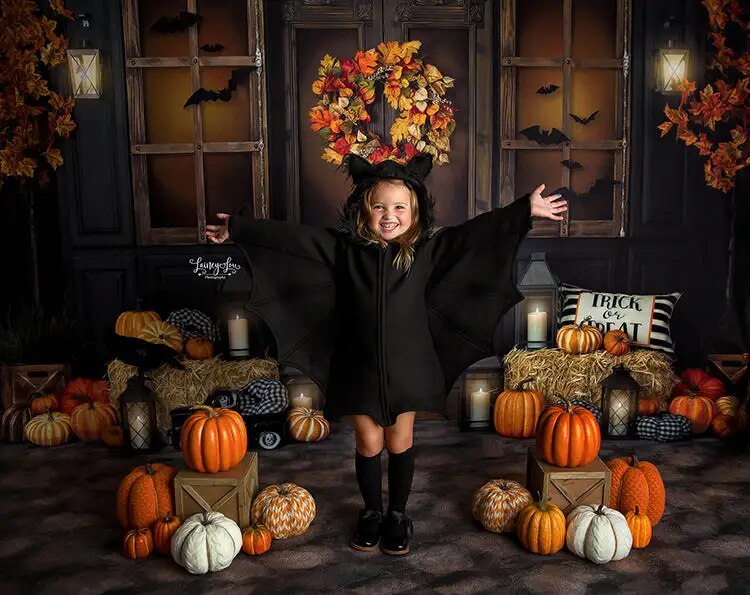 Halloween Porch Backdrops Kids Photography Fall Adult Baby Birthday Cake Smash Pumpkin Lantern Witch Bat Festival Background