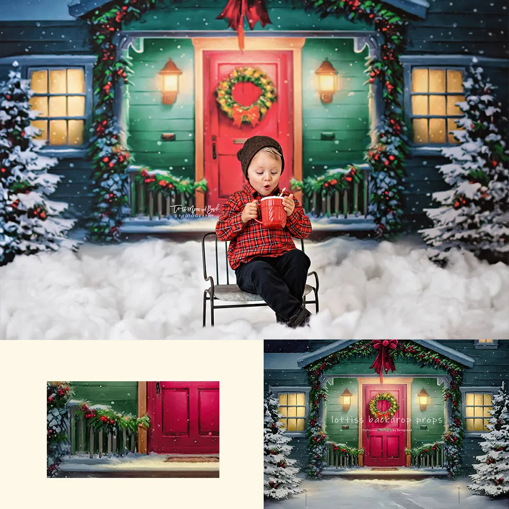 Magical Holiday Porch Backdrops Kids Baby Photography Props Child Adult Photocall Christmas Red House Door Front Background