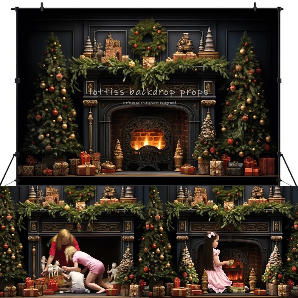 Christmas Fireplace Backdrops Kids Adult Photography Props Child Baby Photocall Decors Xmas Trees Gifts Box Festival Background