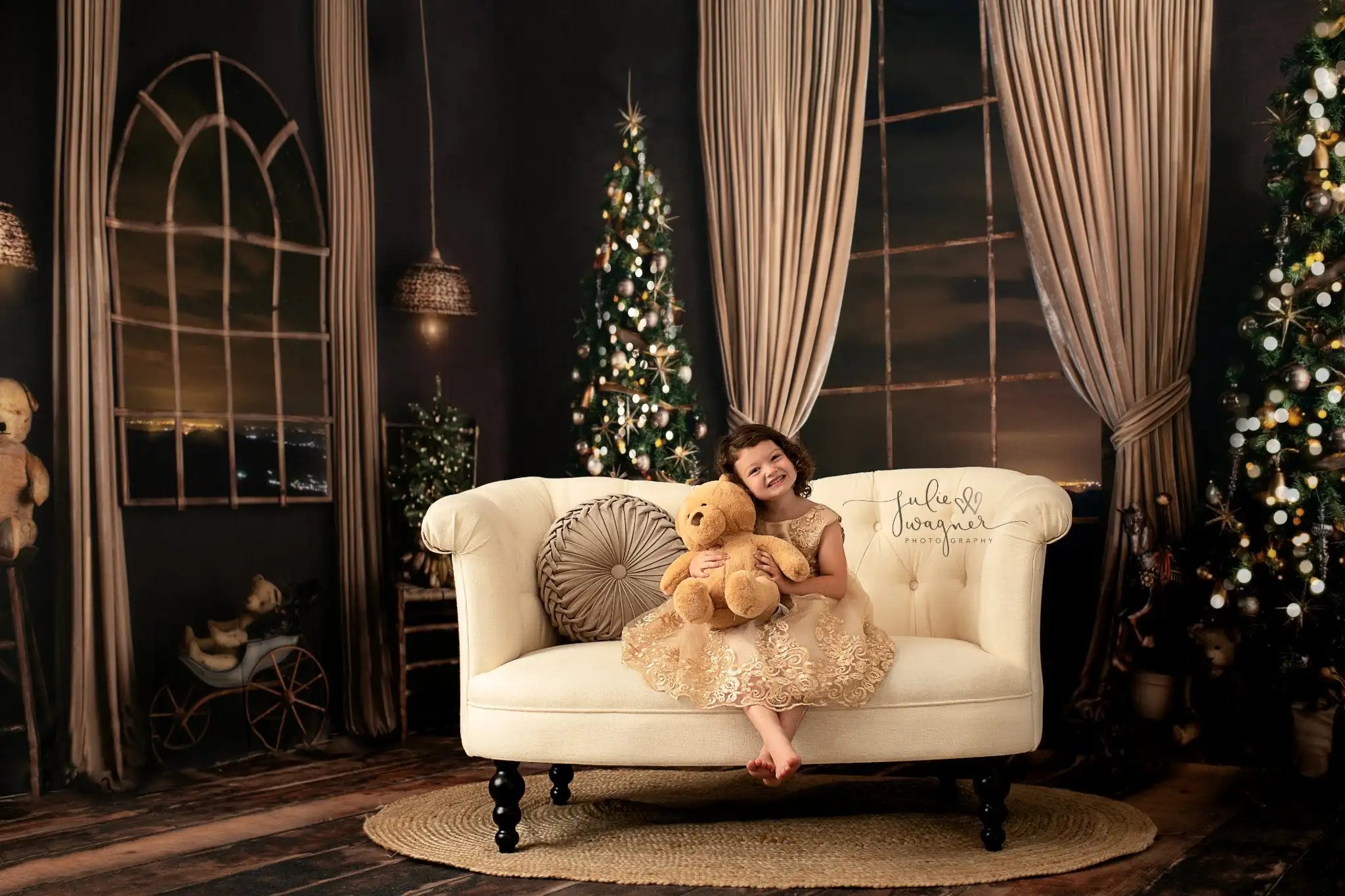 Christmas Golden Holiday Backdrop Metal Framed Windows Baby Kids Portrait Family Party Photocall Photograhy Background