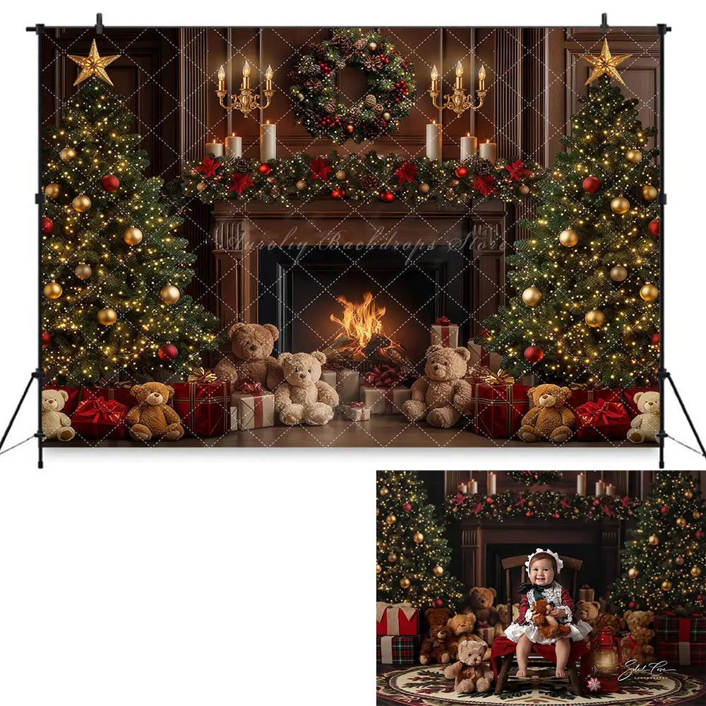 Christmas Little Bear and Fireplace Backdrop Baby Kids Portrait Family Party Photocall Photograhy Studio Background