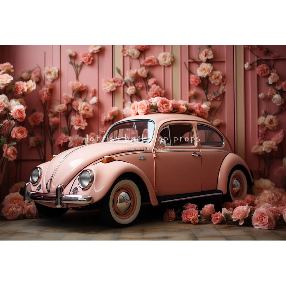 Valentine's Day Pink Floral Car Backdrops Kids Baby Photogrpahy Child Lover Photocall Rose Red Heart Festival Backgrounds