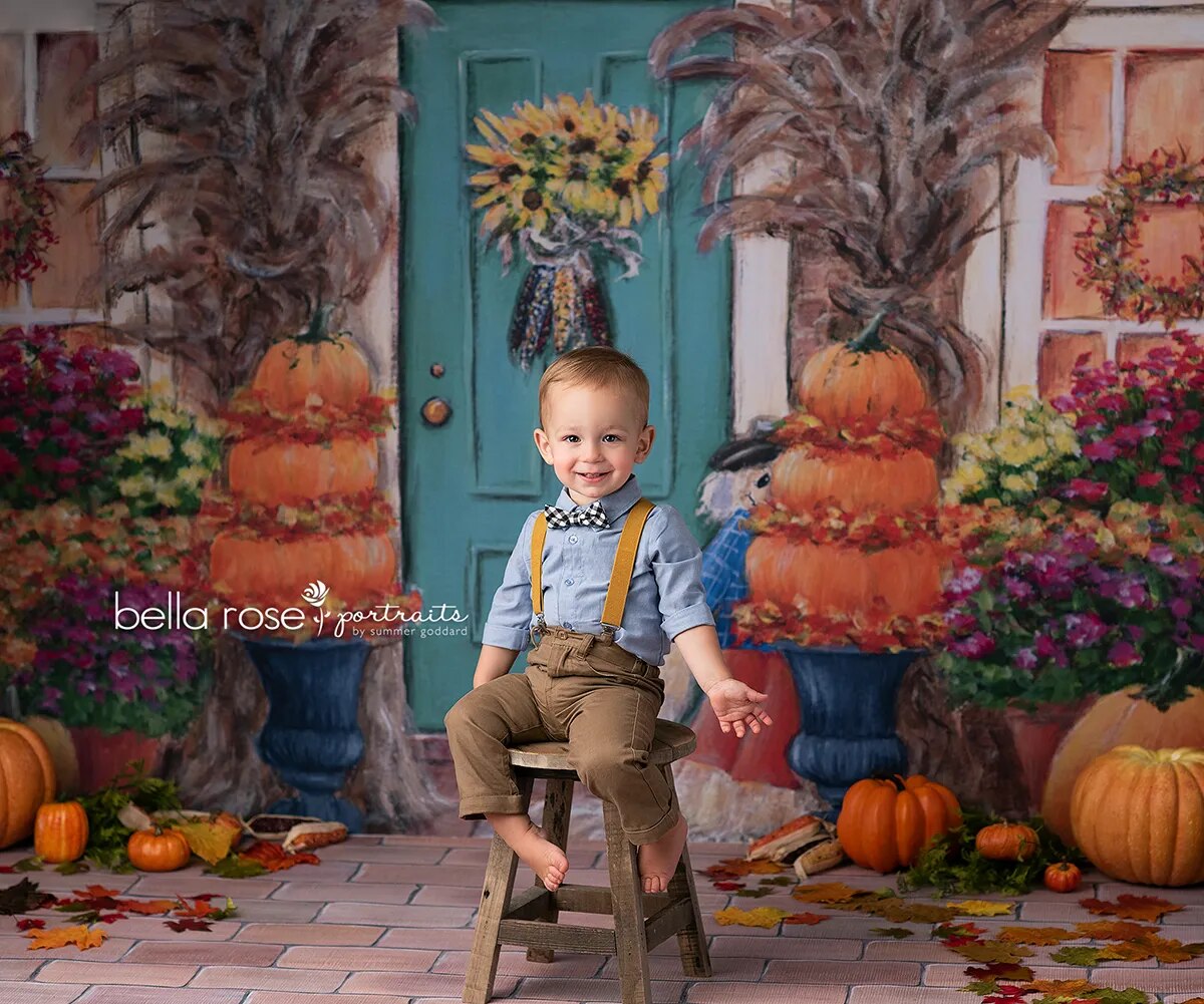 Arrière-plan de porte de maison d'automne, arrière-plan de photographie d'enfants et d'adultes, gâteau d'anniversaire de bébé, Smash, séance photo, lanterne de citrouille 