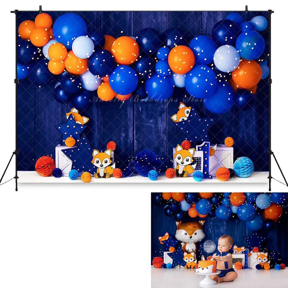 Foxing Around Backdrop Kids Baby Cake Smash Photography Props Balloons Animals Child Adult Photoshoot Studio Backgrounds