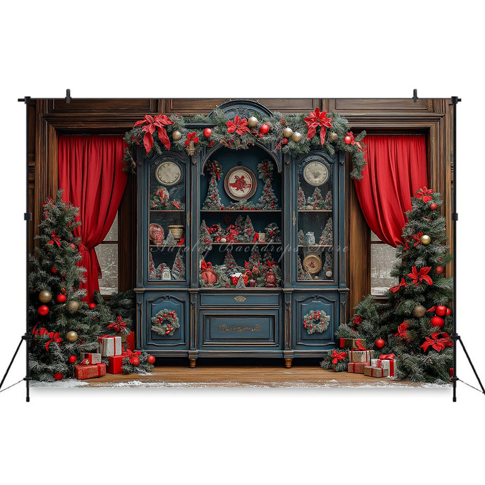 Large Cabinet With Christmas Decorations Photo Backdrop Kids Baby Cake Smash Photography Props Family Party Photocall Background