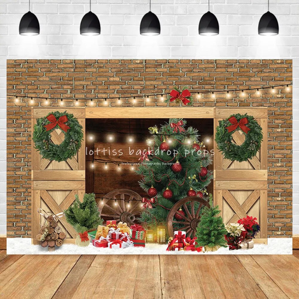 Farm Barn Door Christmas Backdrop Gifts Snowy Winter Xmas Tree Background Adult Family Baby Photocall Photostudio Props