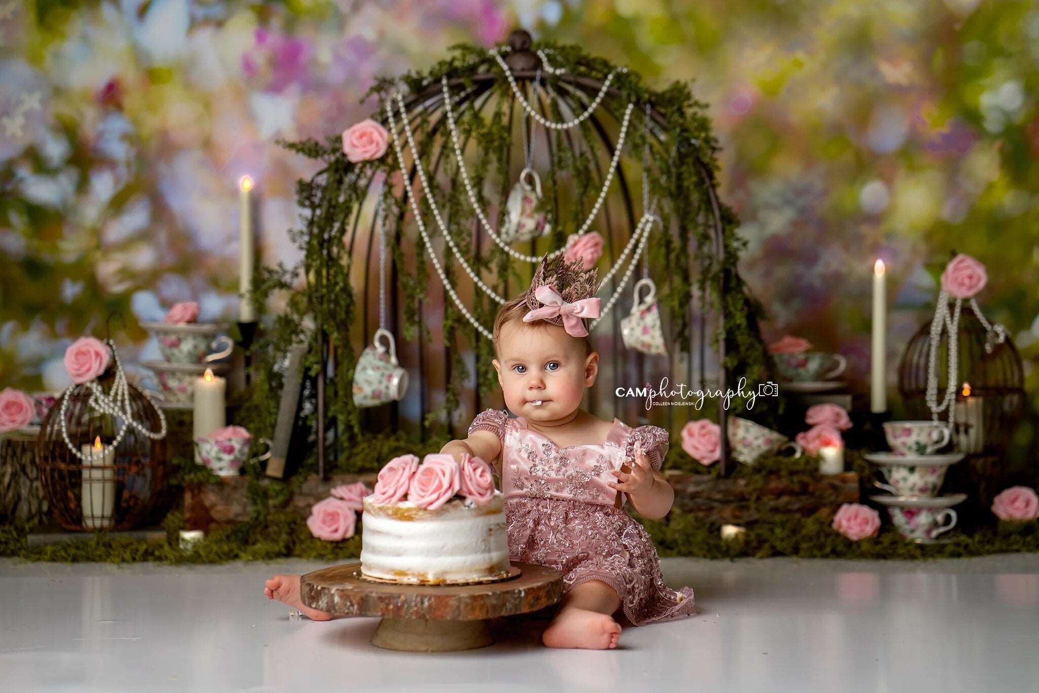 A Spot of Tea Party Backdrops Girl Kids Cake Smash Birthday Photography Child Adult Photocall Spring Pink Floral Background