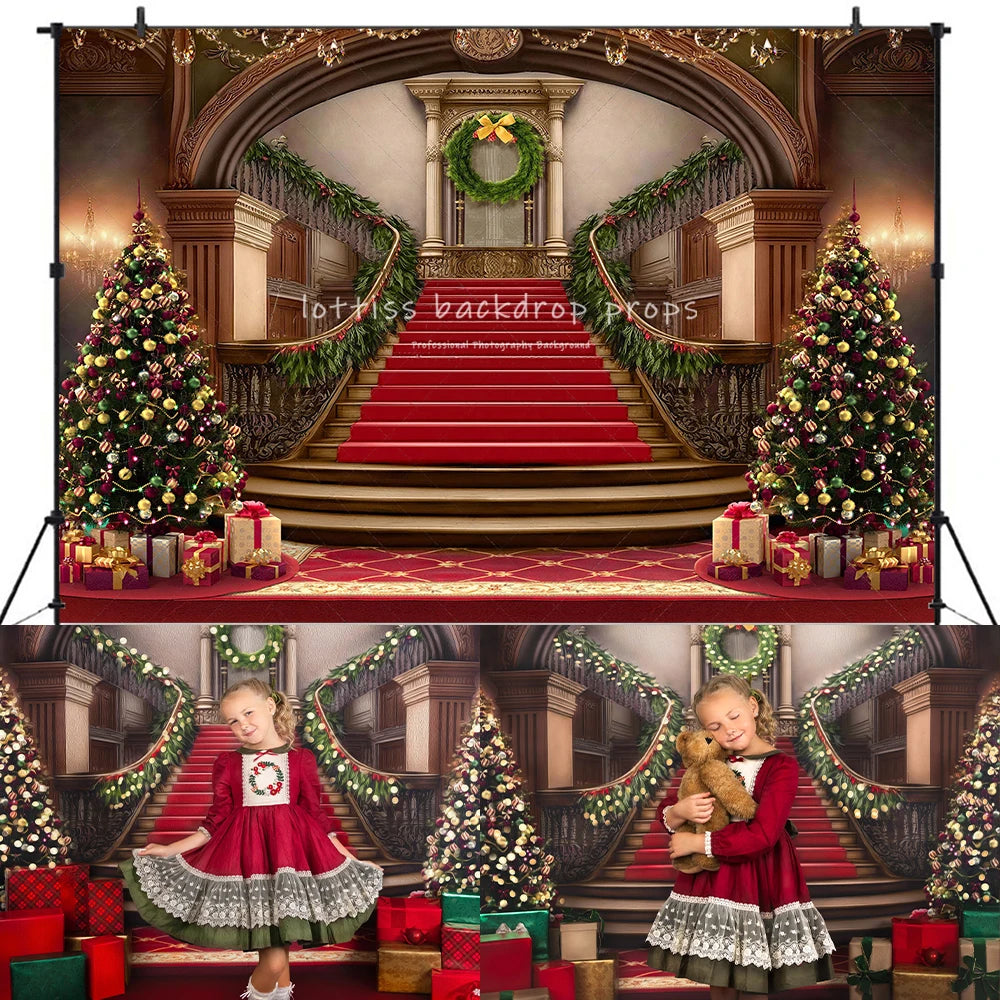 Grand Holiday Staircase Backdrops Kids Baby Photography Props Child Adult Photocall Christmas Castle Red Carpet Background