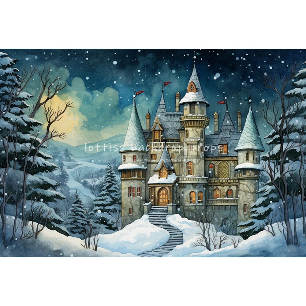 Snowy Castle Backdrops Kids Baby Photography Props Child Adult Photocall Decors Winter Snowflake Forest Background