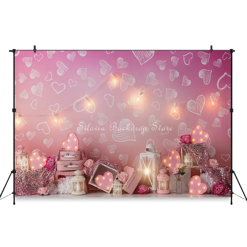 Pink Heart Sparkle Wall Photography Backdrop Girls Birthday Cake Smash Photo Background Cloth Kids Portrait Photo Studio Props