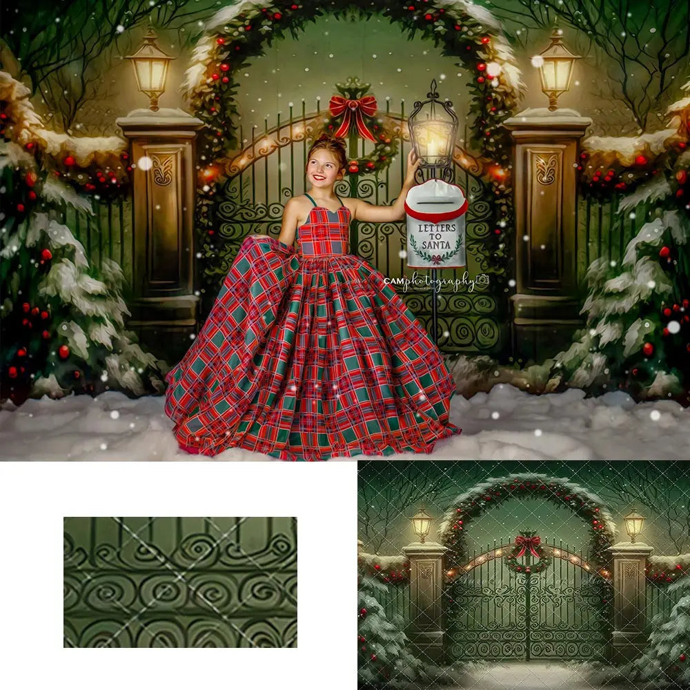 Christmas Emerald Holiday Gate Photo Backdrop Winter Snowy Kids Baby Cake Smash Photography Prop Child Adult Birthday Background