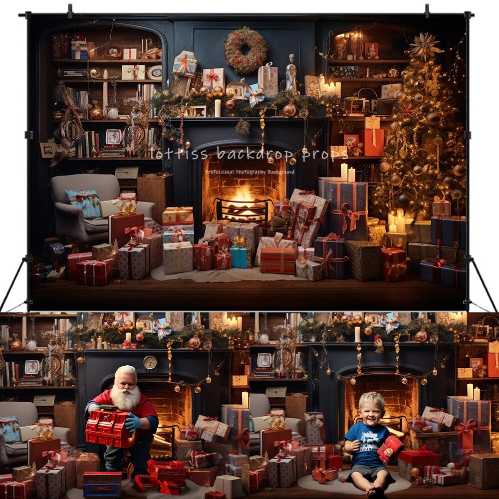 Christmas Fireplace Backdrops Kids Adult Photography Props Child Baby Photocall Decors Xmas Trees Gifts Box Festival Background