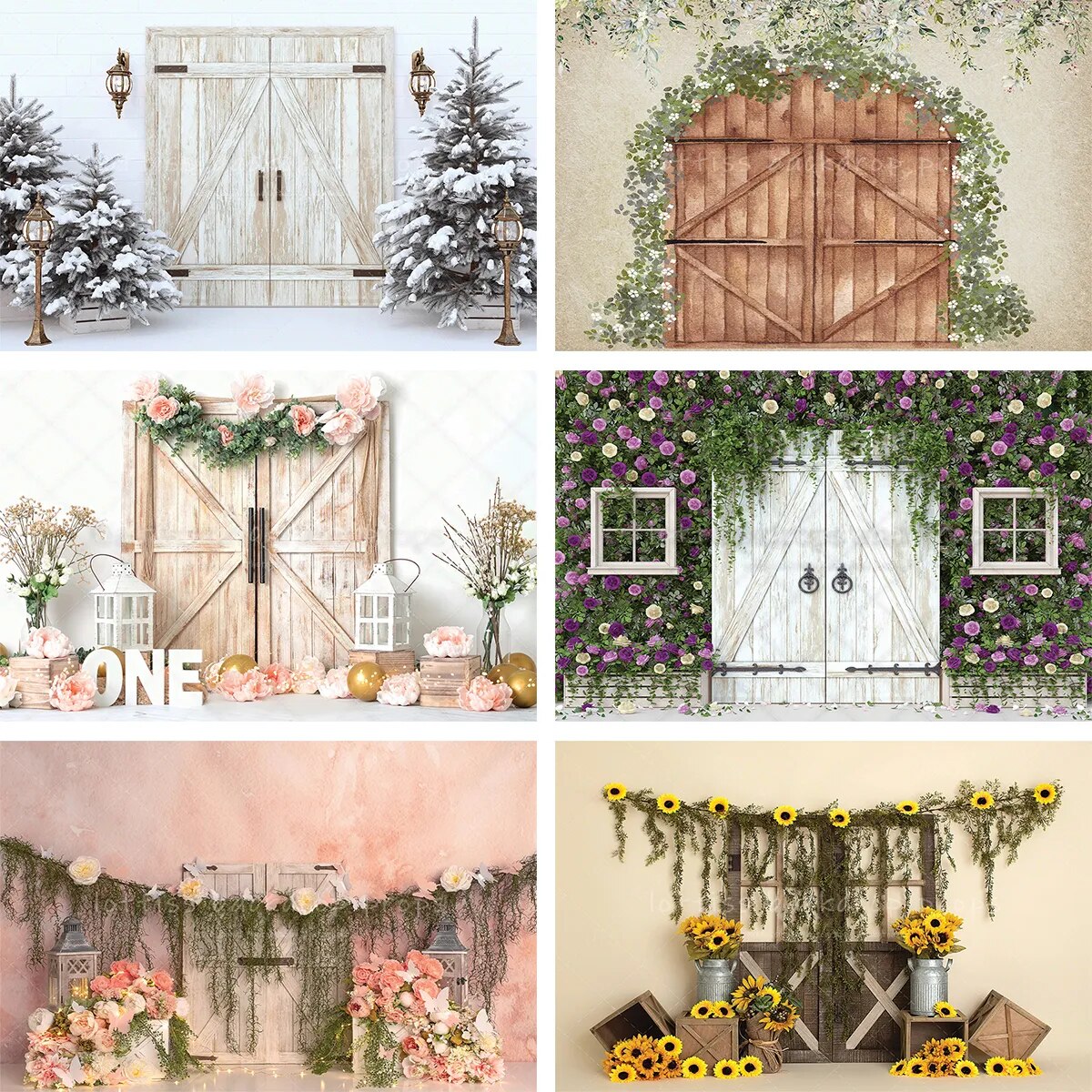 Spring Garden Barn Door Photography Backdrop Bunny Flowers Wooden Window Greenery Decorations Fireplace Easter Backgrounds Props