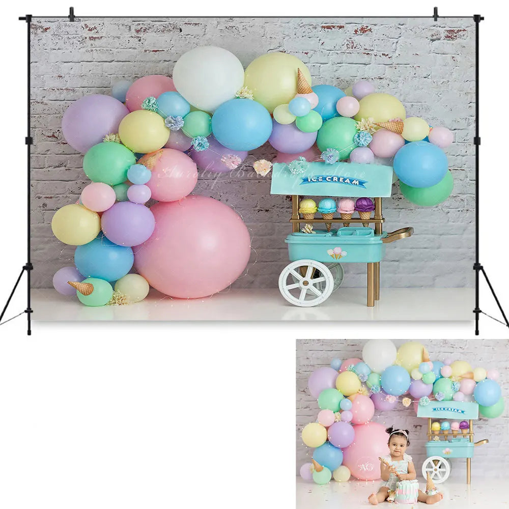 Ice Cream Car Photography Backdrop Kids Birthday Photocall Props Child Baby Cake Smash Decors Balloons Studio Backgrounds