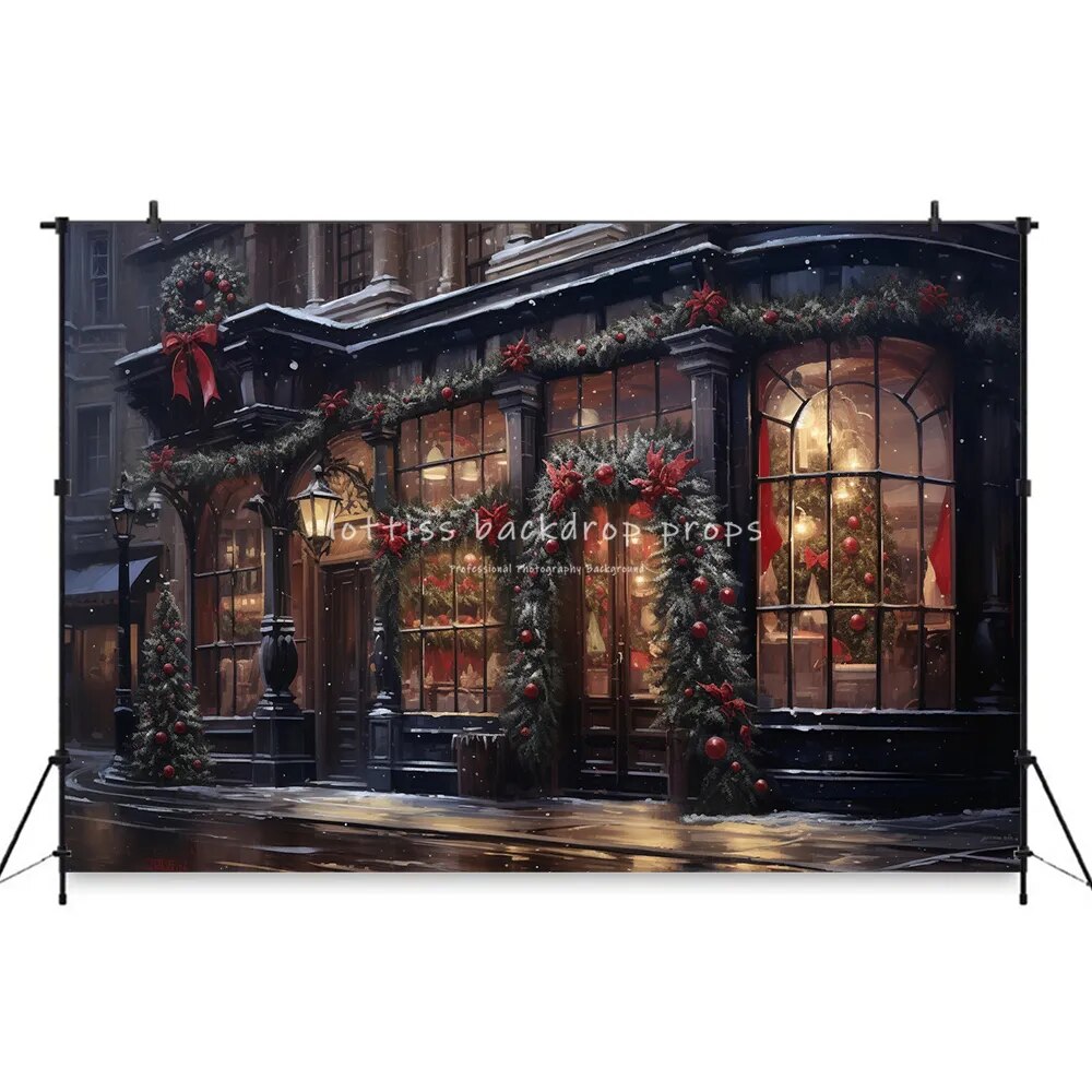 Christmas Street Backdrops Kids Baby Photography Props Child Adult Photocall Decors Snowy Xmas Store Front Background