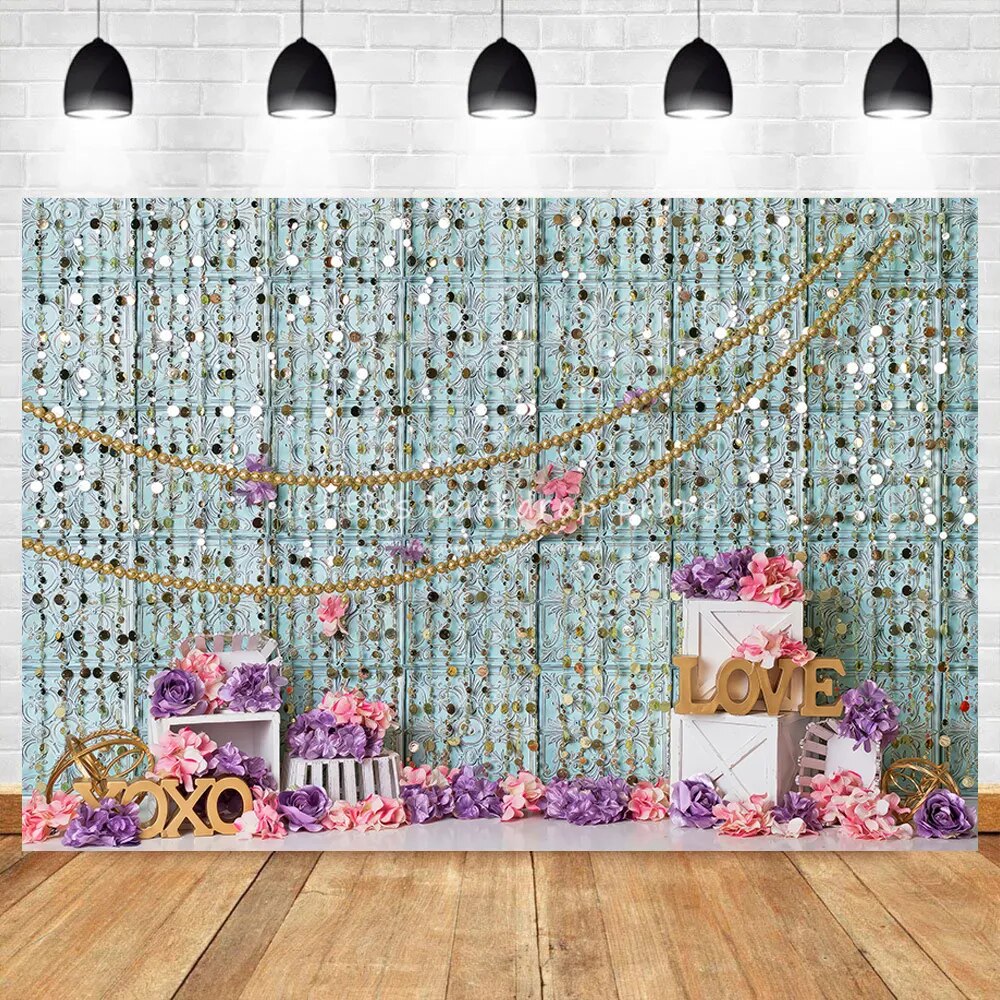 Flashing Curtain Kids Cake Smash Photography Backdrops Birthday Floral Baby Child Party Props Background Photostudio