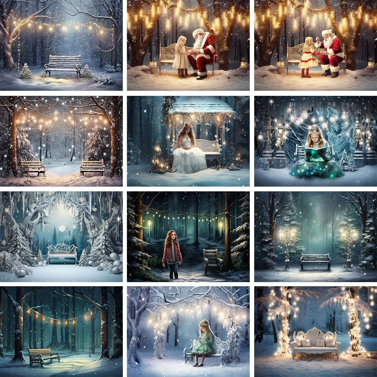 Snowy Park Chair Backdrops Kids Adult Photography Props Child Baby Photocall Decors Snowflake Winter Forest Background