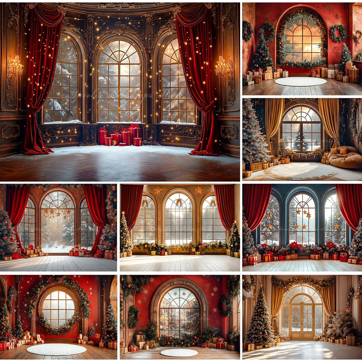 Large Window With Arched Frames and Red Curtain Photography Backdrop Baby Kids Portrait Family Party Photocall Decors