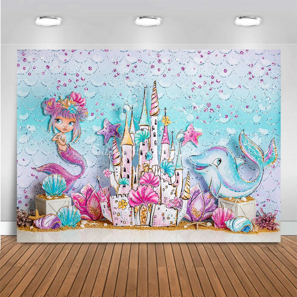 Mermaid Princess Of The Sea Photo Background Shining Castle Girl Birthday Cake Smash Photography Backdrop Photo Studio Props