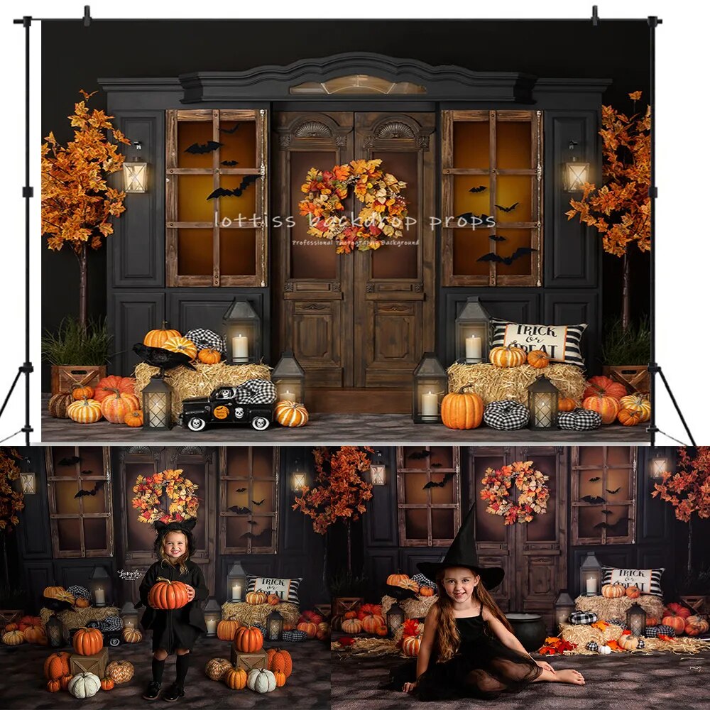 Halloween Door Front Backdrops Kids Adult Photography Child Baby Birthday Pumpkin Lantern Fall Trees Festival Background