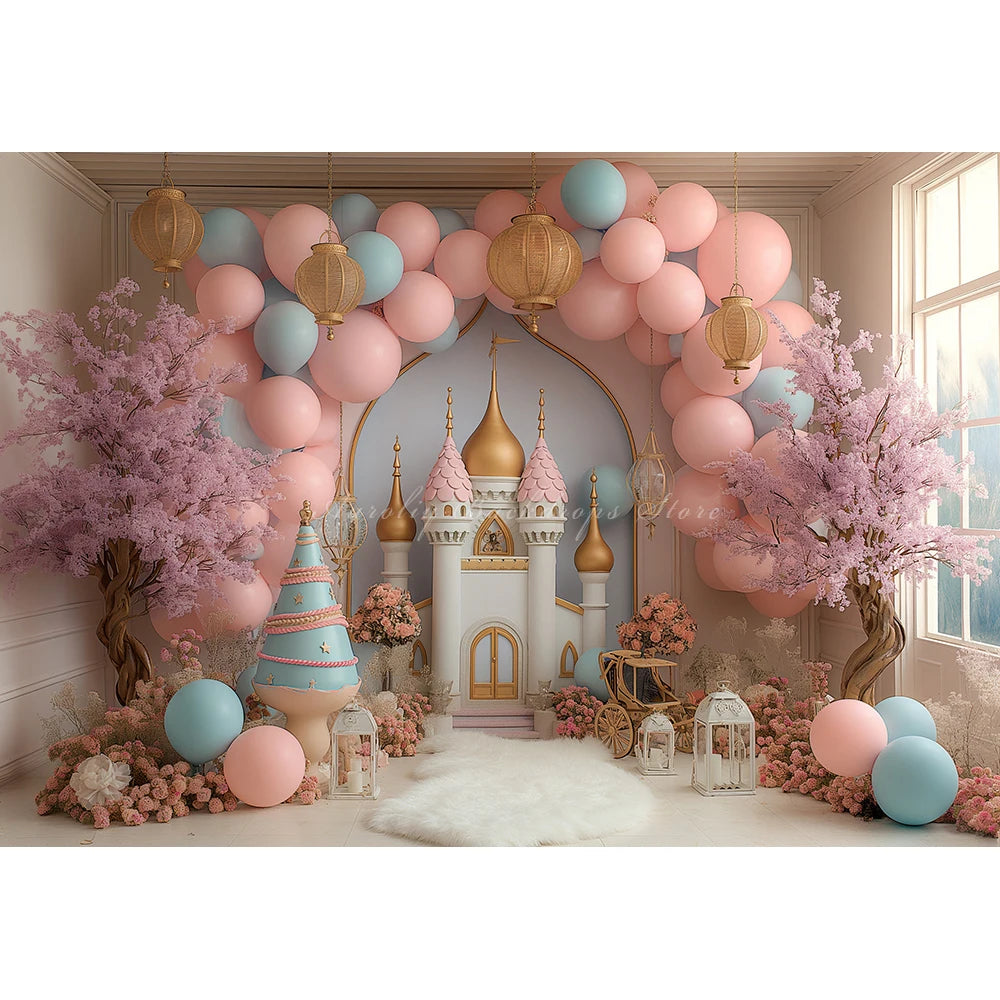 Cute Castle Balloons and Floral Backdrop Kids Baby Cake Smash Photography Props Child Girls Adult Birthday Studio Backgrounds