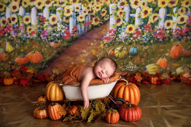 Autumn Sunflower Field Backdrops Kids Baby Phtography Props Adult Child Photocall Halloween Pumpkin Lantern Farm Background