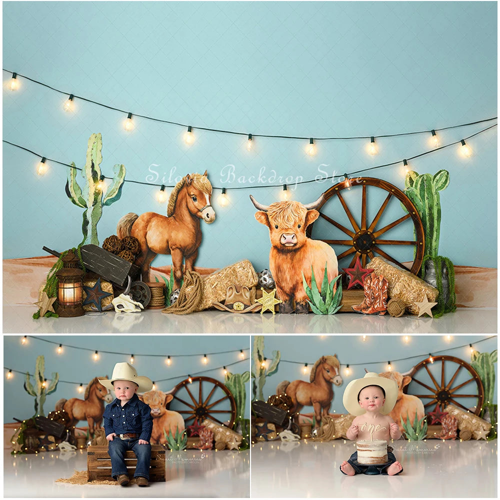 Cute Cowboy Photo Background Farm Children Birthday Cake Smash Photography Backdrop Horse Cactus Decoration Photo Studio Props