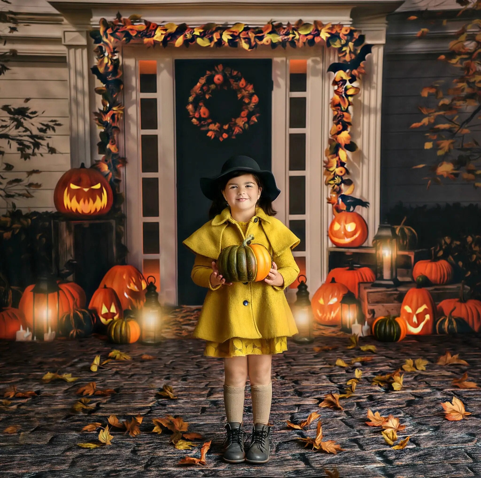 Arrière-plan de porche de citrouille, photographie de Portrait d'enfants et d'automne, gâteau Smash, arrière-plan avant de maison d'automne pour adultes et enfants 